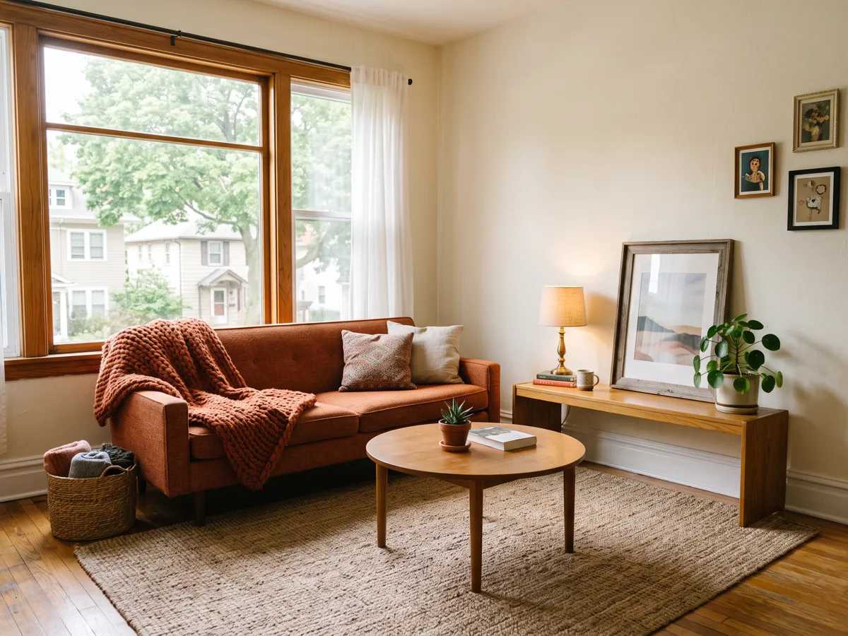 Cozy rental apartment living area with rug zone, secondhand sofa, warm lamp and leaning frame