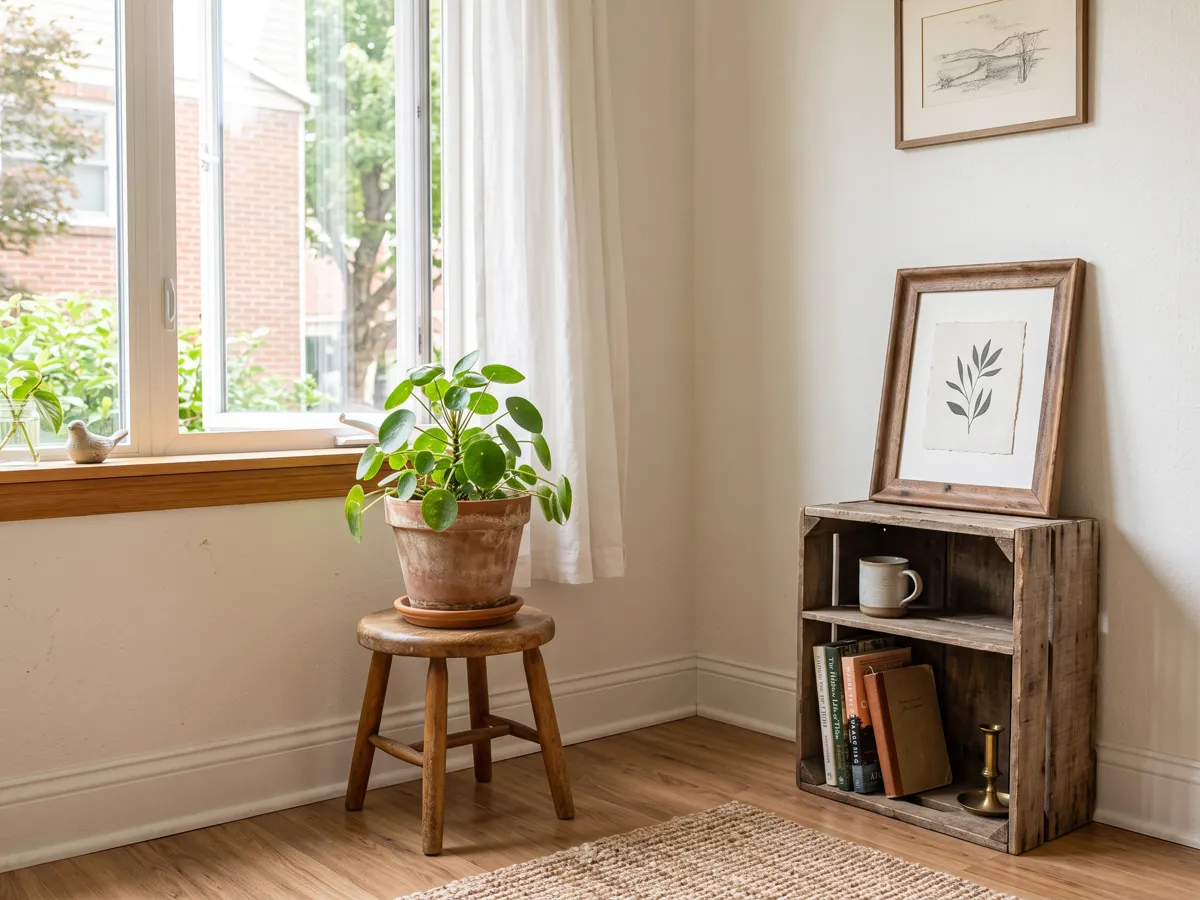 Bright rental corner with a leafy plant in a terracotta pot by an open window