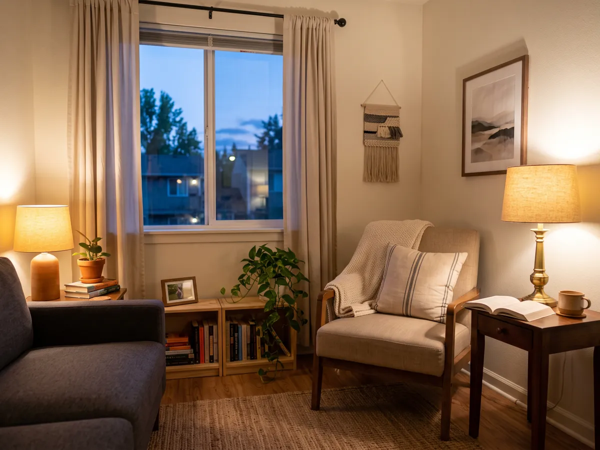 Rental apartment corner at dusk with two warm lamps glowing