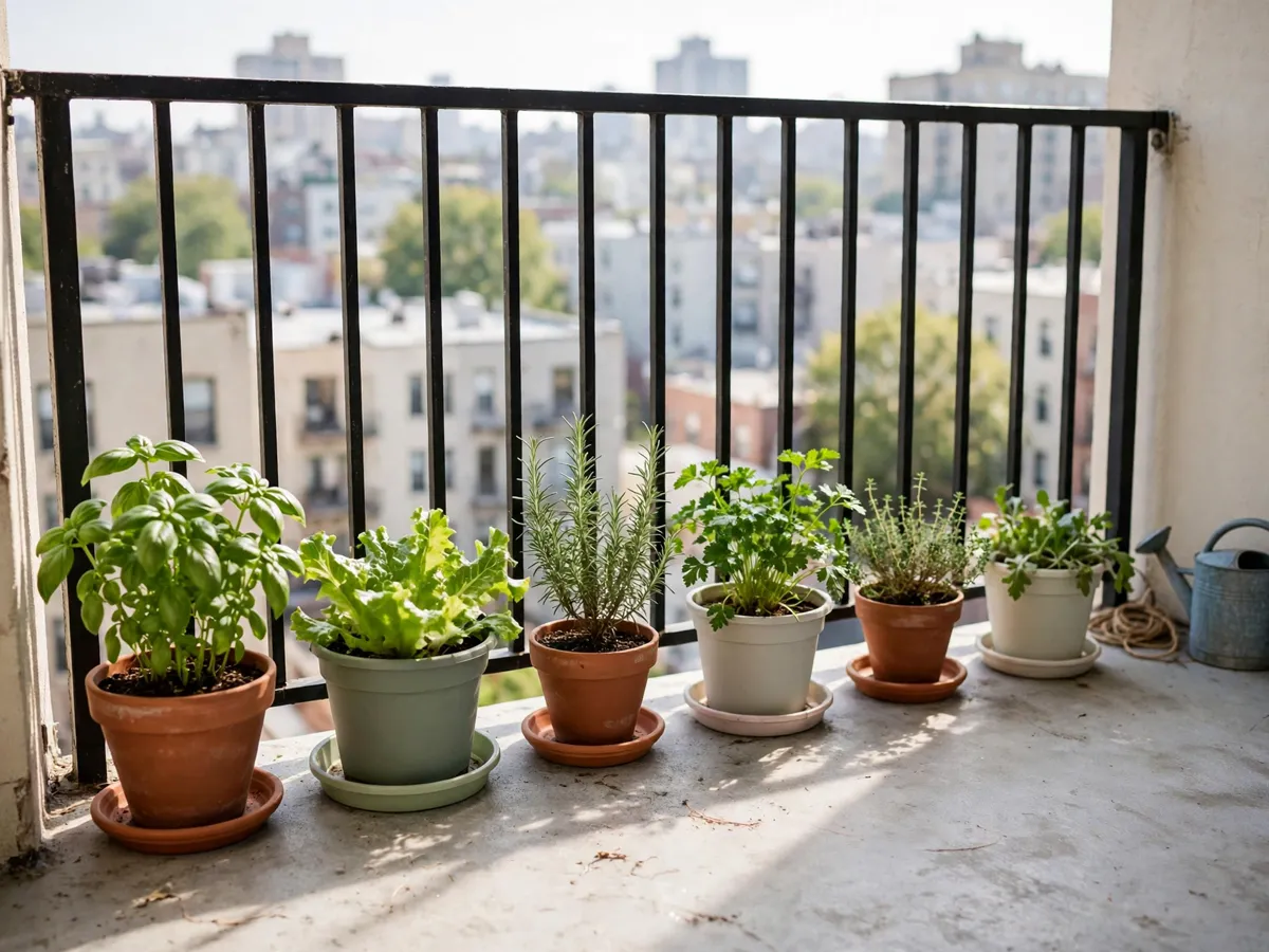 Small apartment balcony with terracotta and plastic pots of herbs and leafy greens along the railing