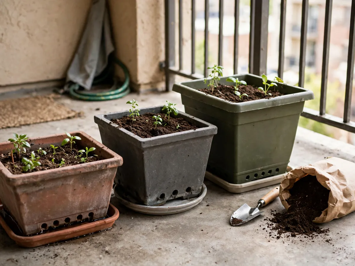 Row of balcony containers in different sizes with drainage holes and saucers on a balcony floor