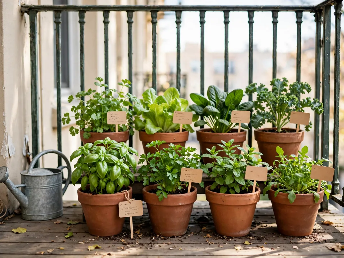 Balcony pots of basil, parsley, chives and loose-leaf lettuce grouped together on a small table