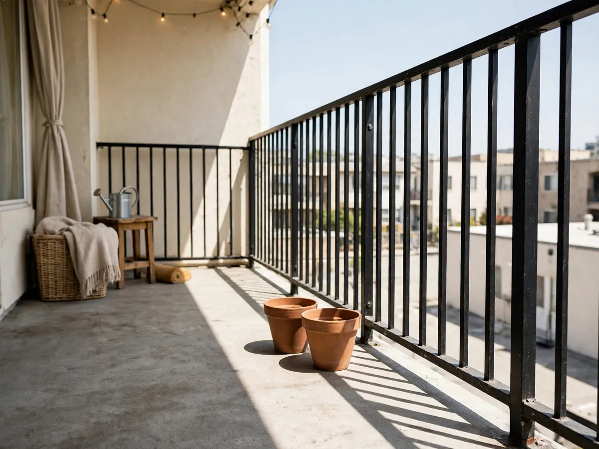 Morning sunlight falling across a small balcony floor with the shadow line marked by potted herbs