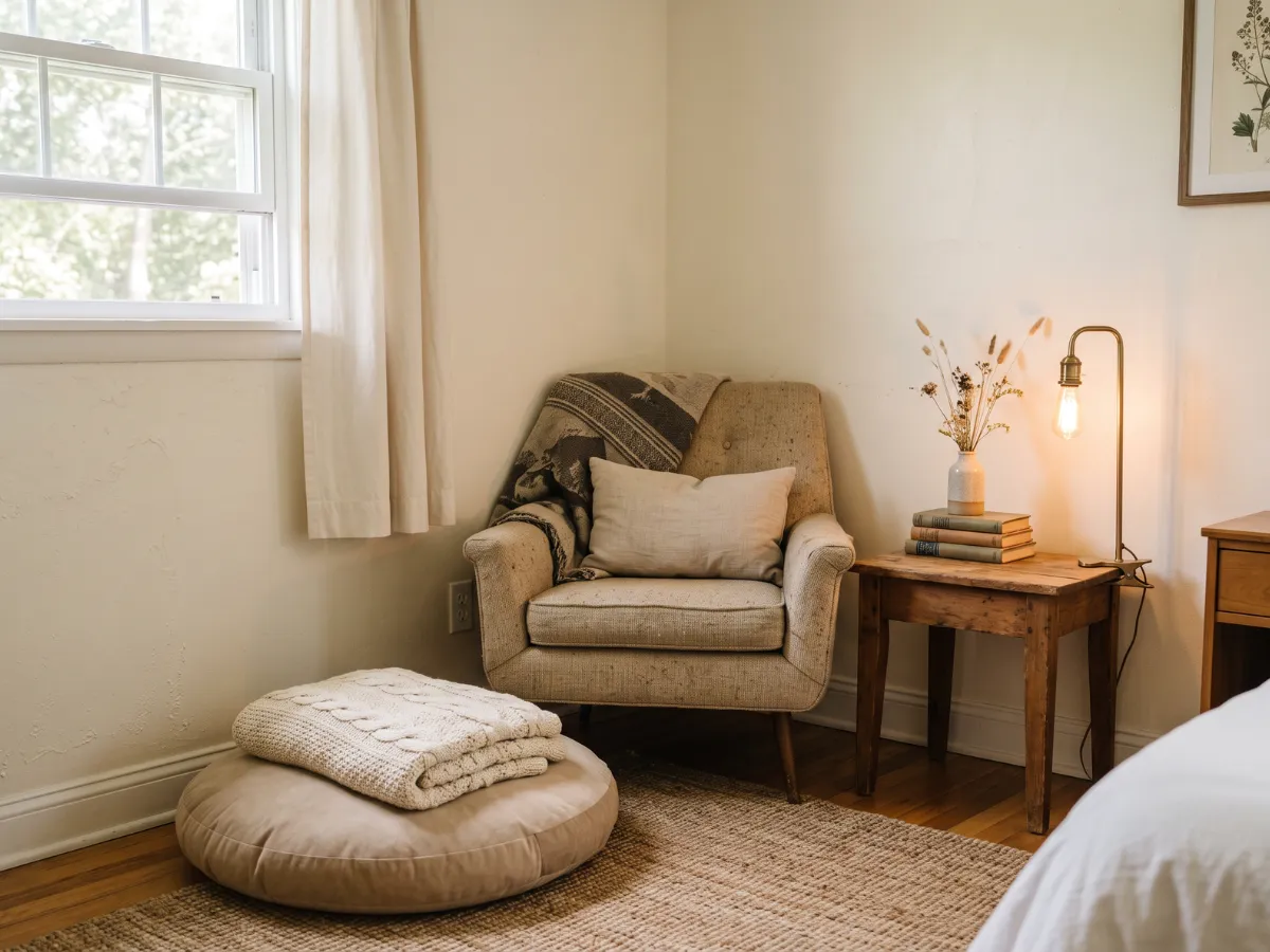 Bedroom corner nook with cushion, books and warm lamp