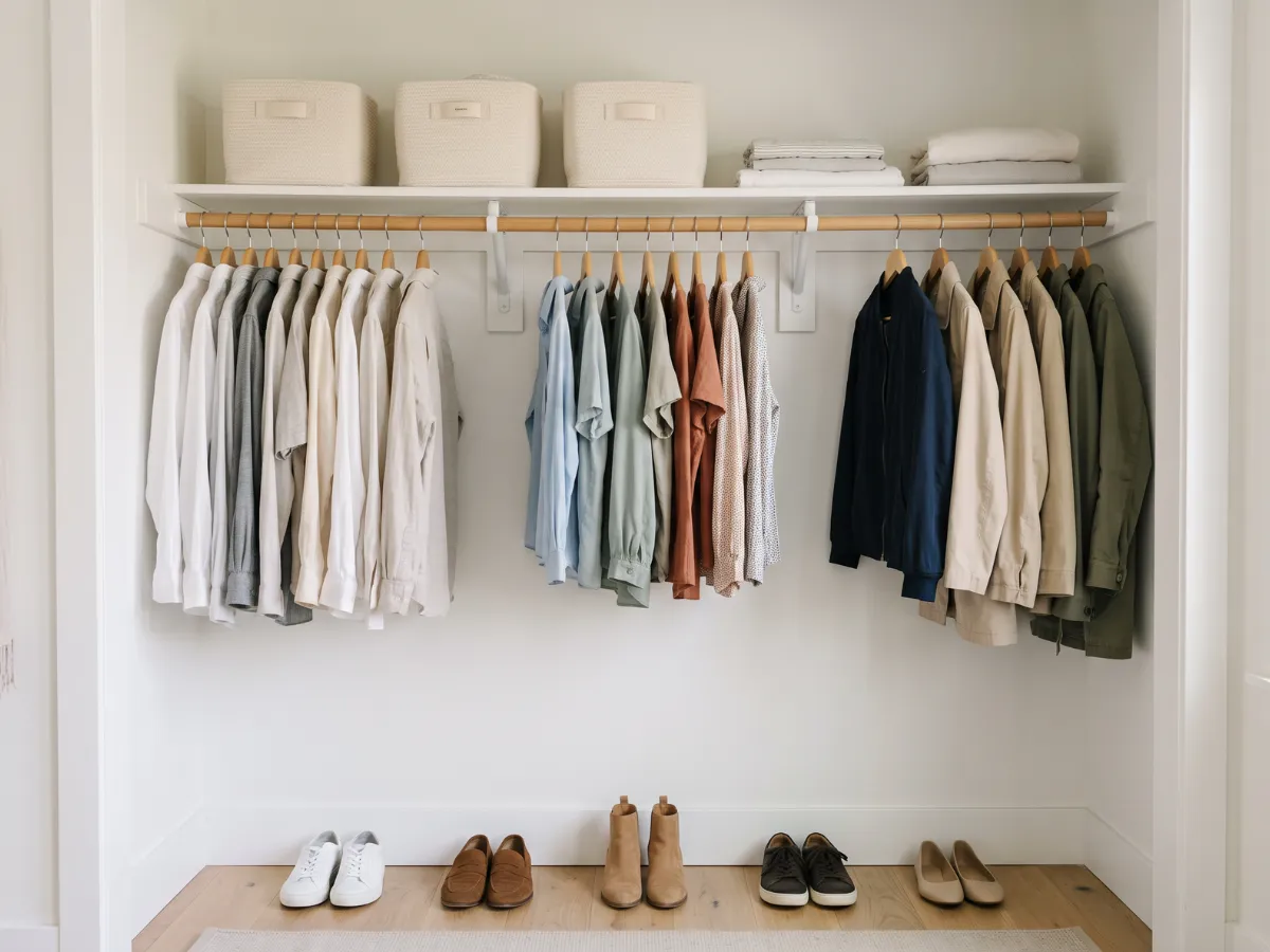 Closet rod with clothes grouped in three zones
