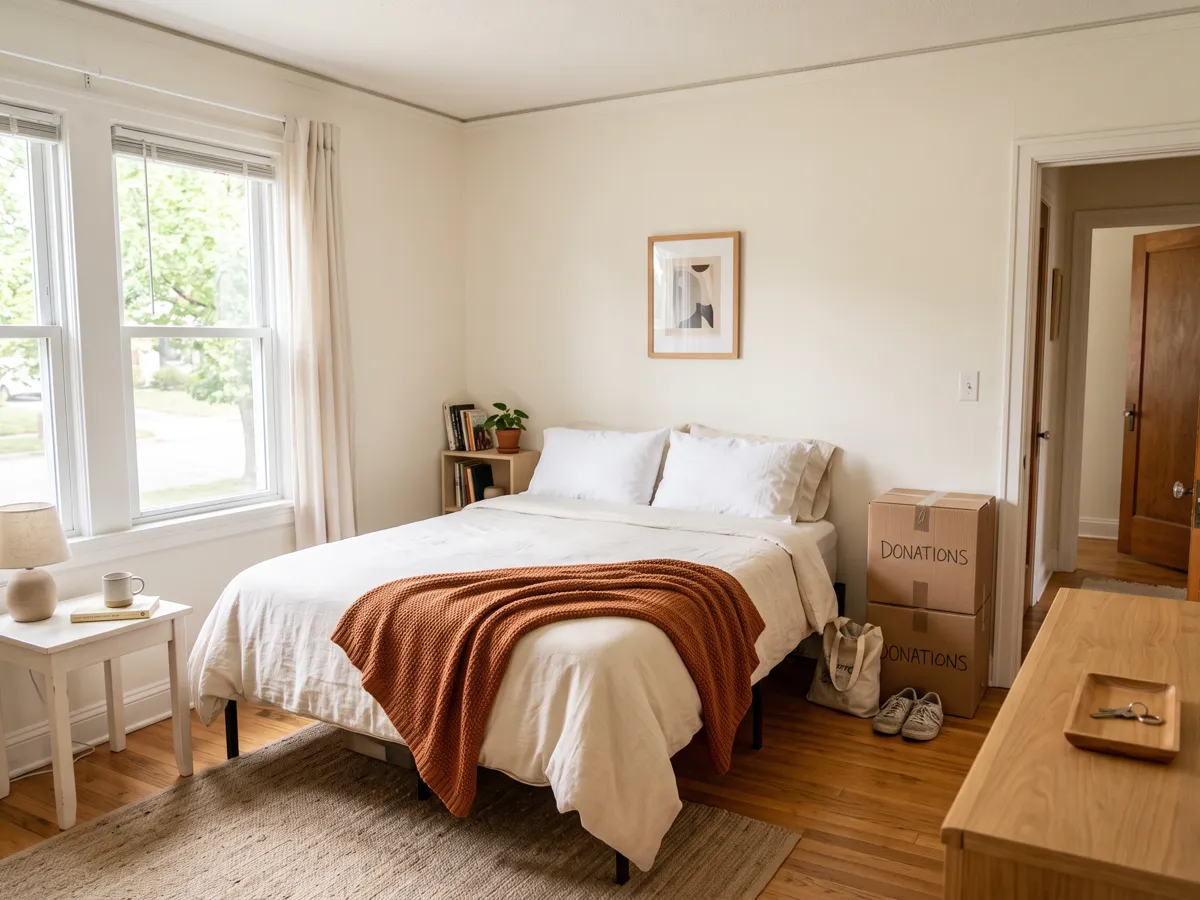 Calm tidy bedroom after decluttering with made bed and donation boxes by the door