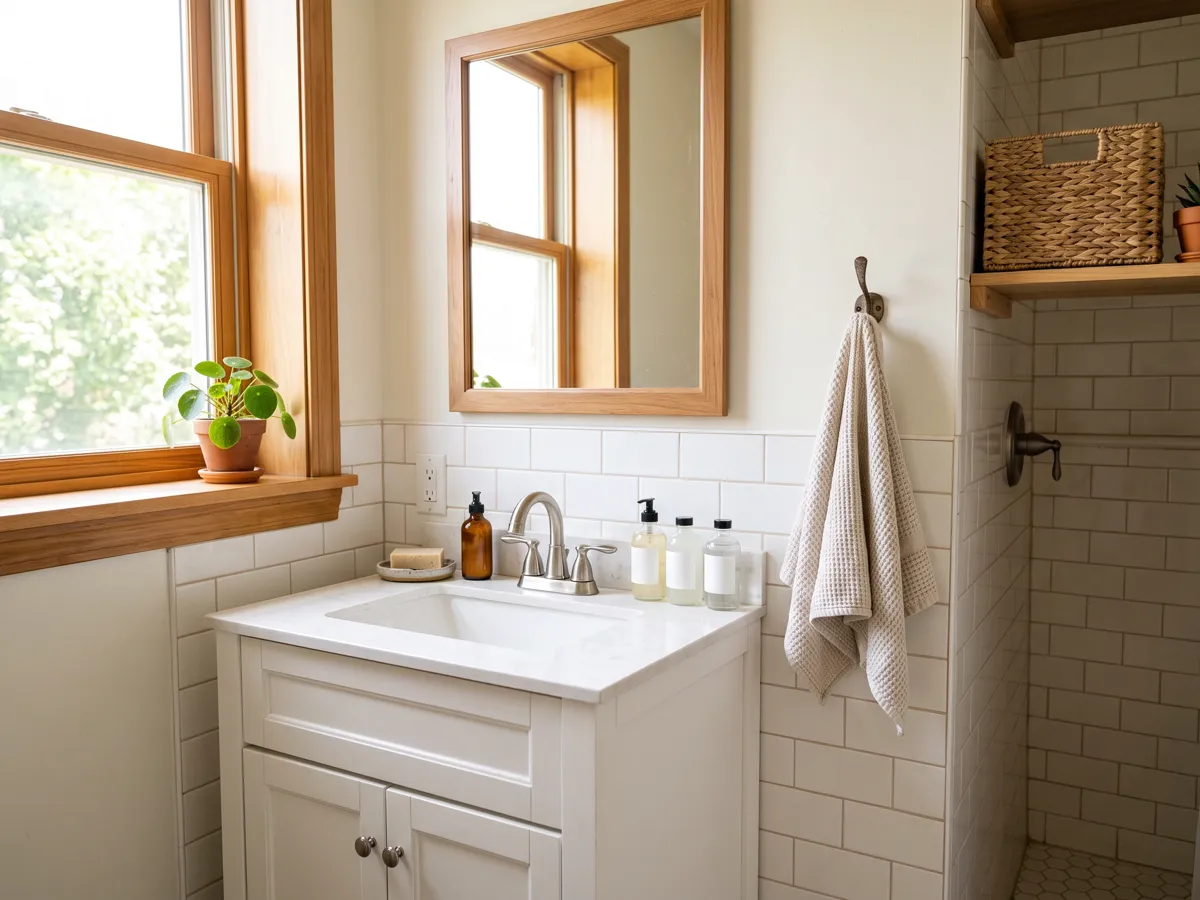 Cleared bathroom counter with soap tray and open shelf with one bin