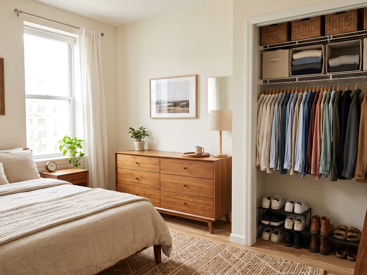 Cleared dresser top with one tray and tidy open closet with bins