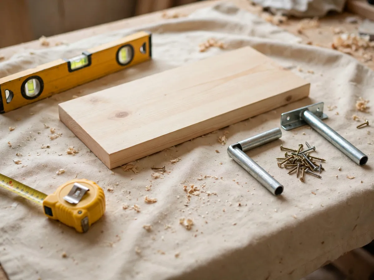 Sanded pine shelf board and hidden-rod bracket set laid out on a drop cloth before mounting