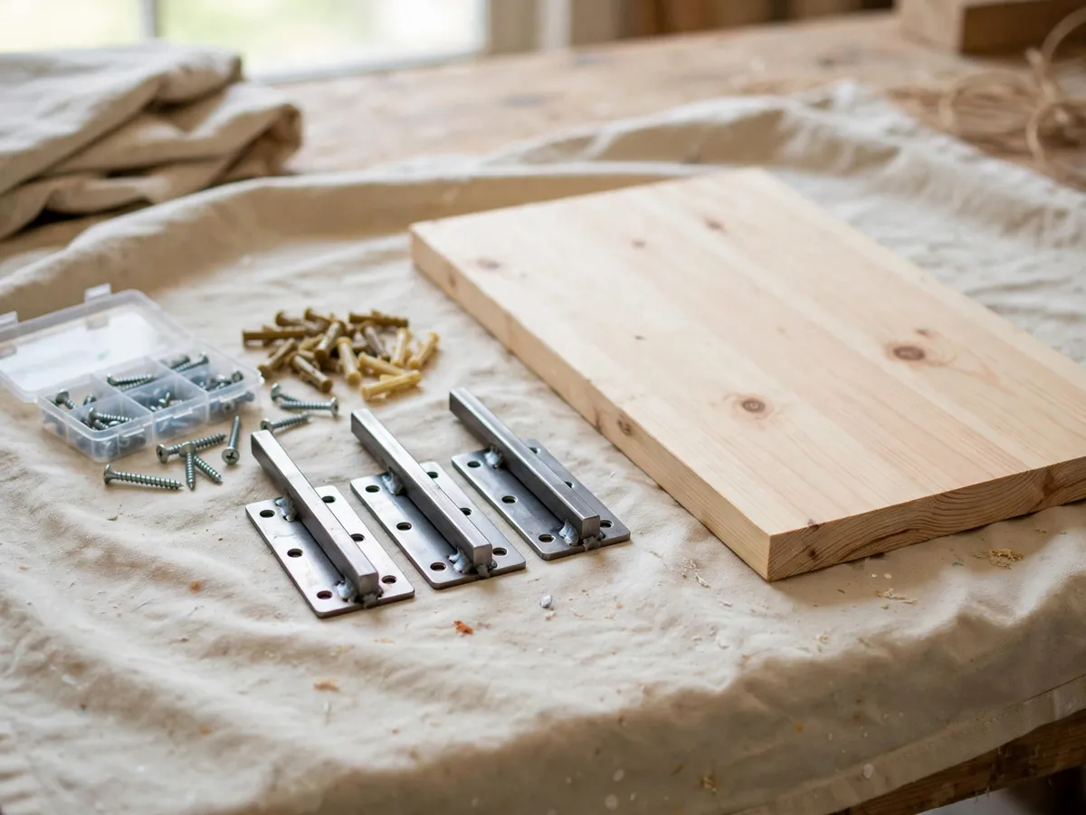Steel hidden-rod bracket set with rated screws beside a sanded pine shelf board