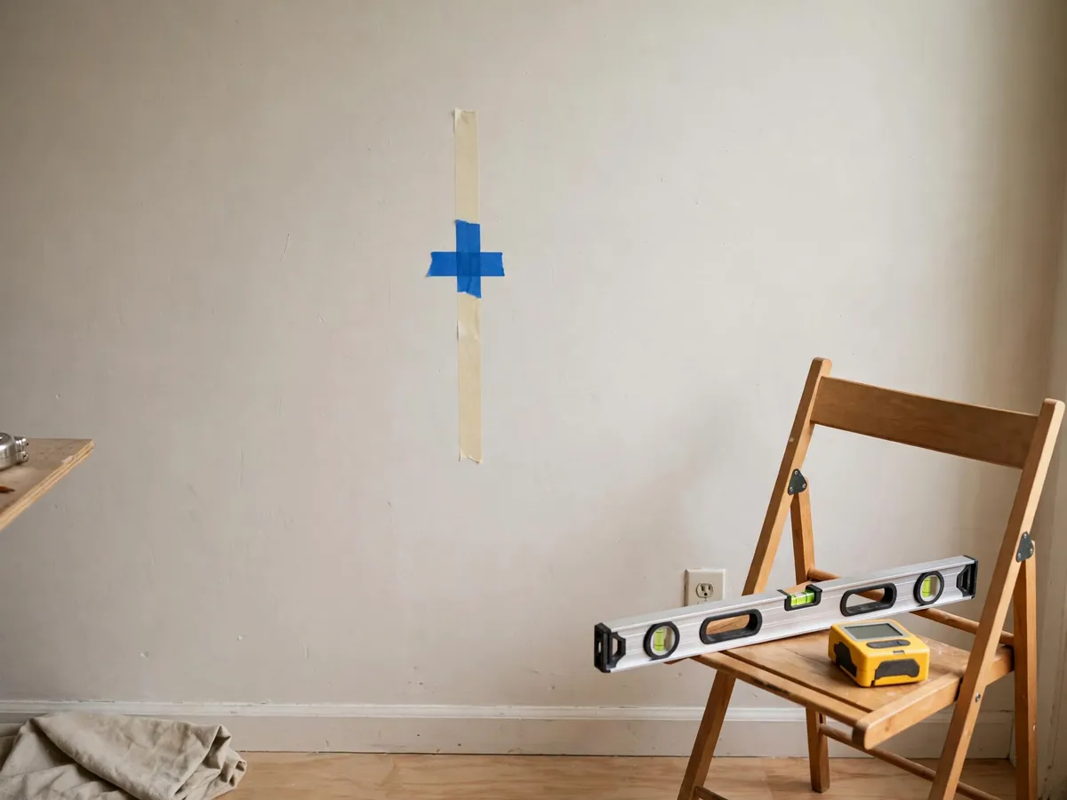 Hands marking a wall stud center with painter's tape, level and stud finder nearby
