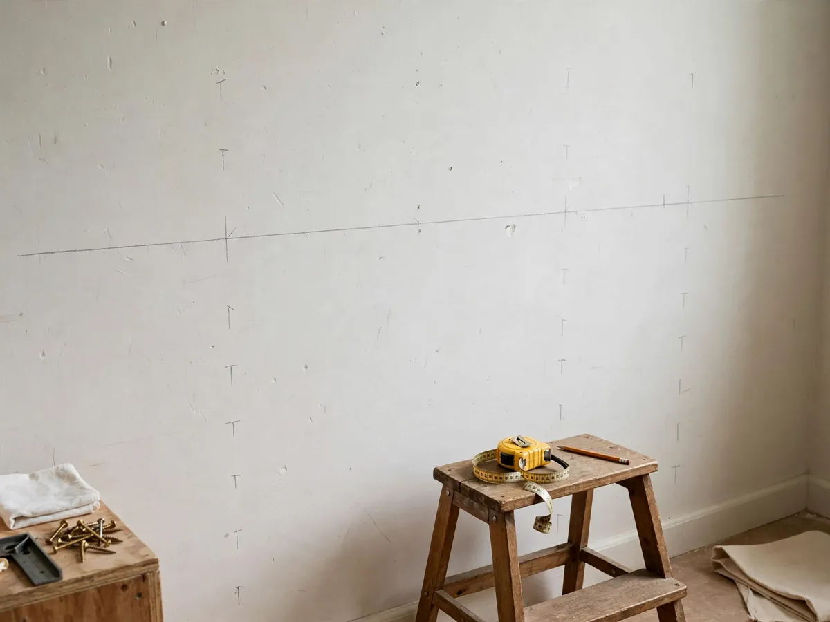 Wall marked with stud centers and a level line where the floating shelf will mount