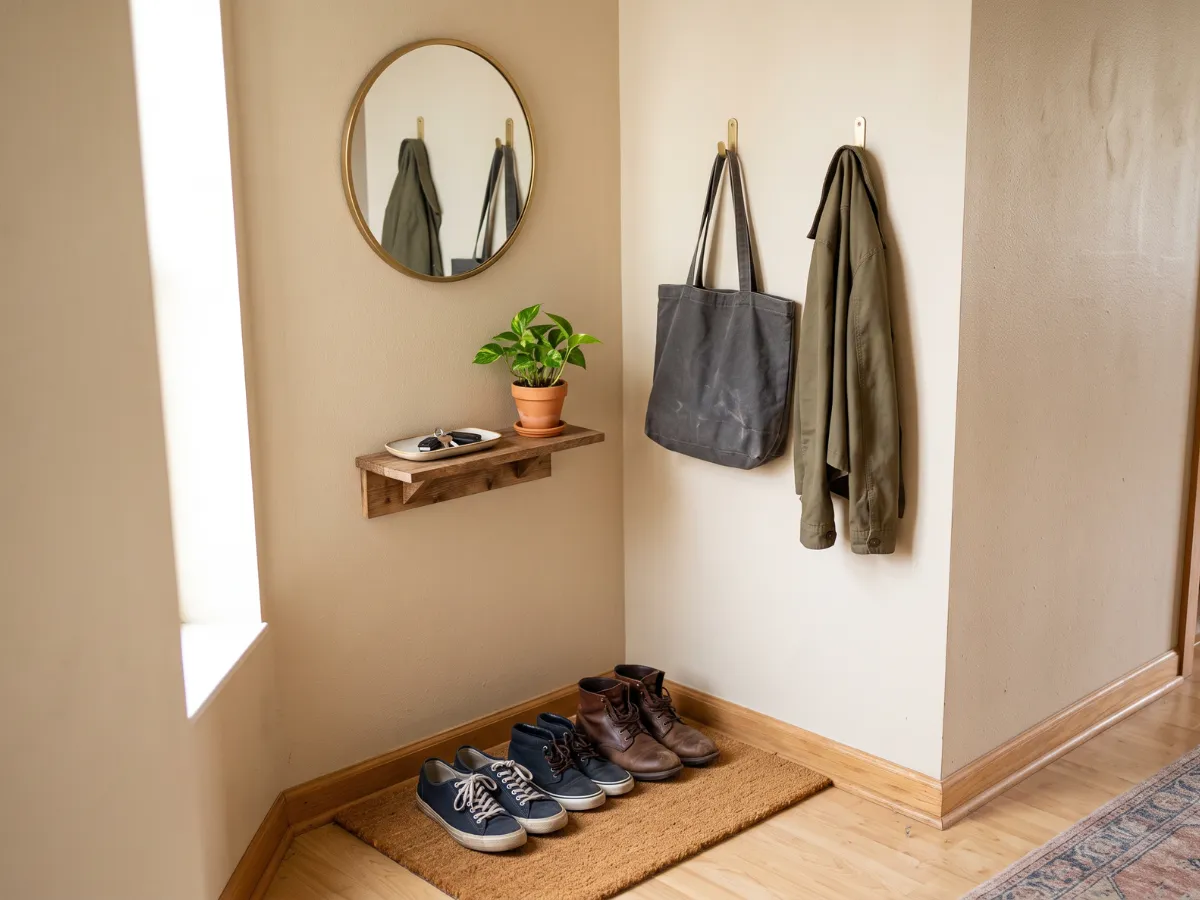 Entryway corner with key tray, mirror and shoe line