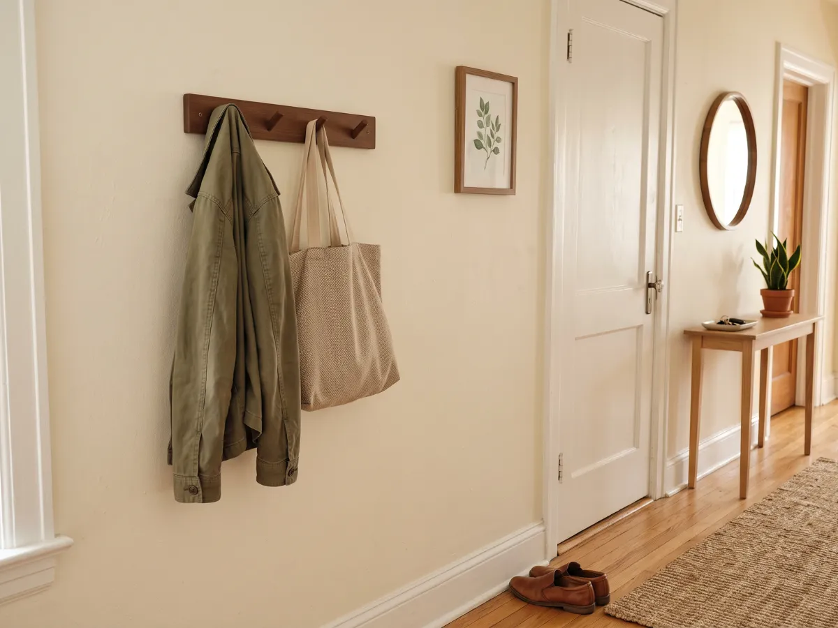 Entryway hook rail with jacket and tote bag