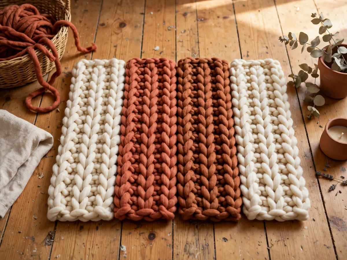 Chunky finger-knit strips in cream and terracotta yarn laid side by side on a wooden floor