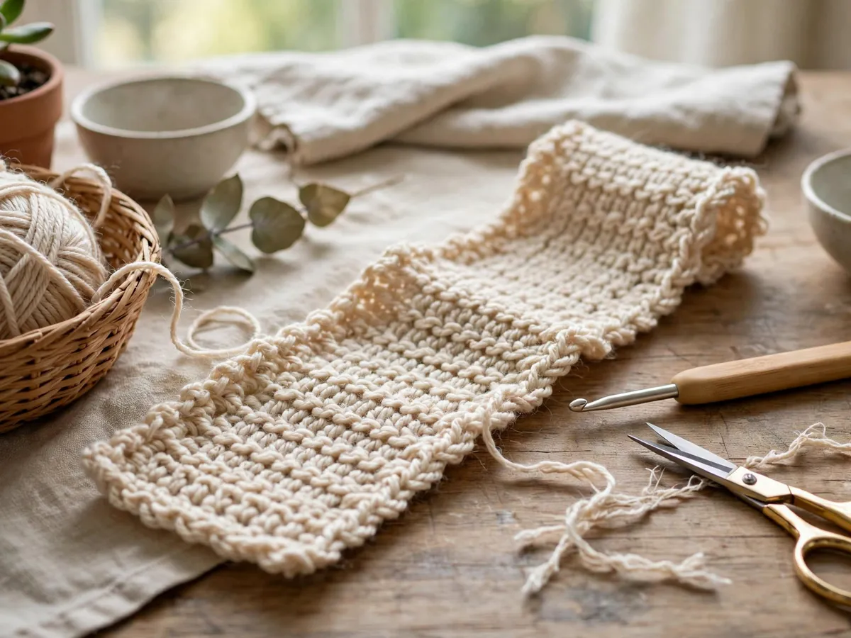 A single finger-knit strip with a crocheted edge shown beside a hand and the hook used to finish it