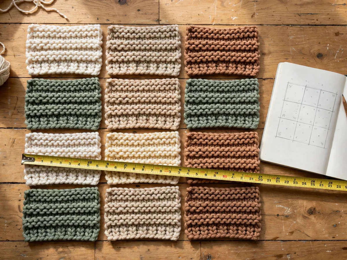 Finger-knit strips measured and laid in a grid on the floor to plan a throw blanket layout