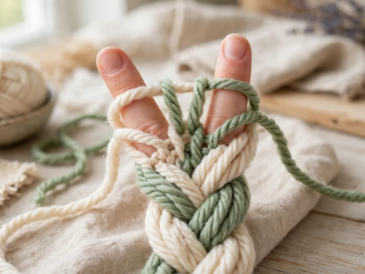 Three strands of worsted yarn in cream and sage being finger-knitted into a thick cord