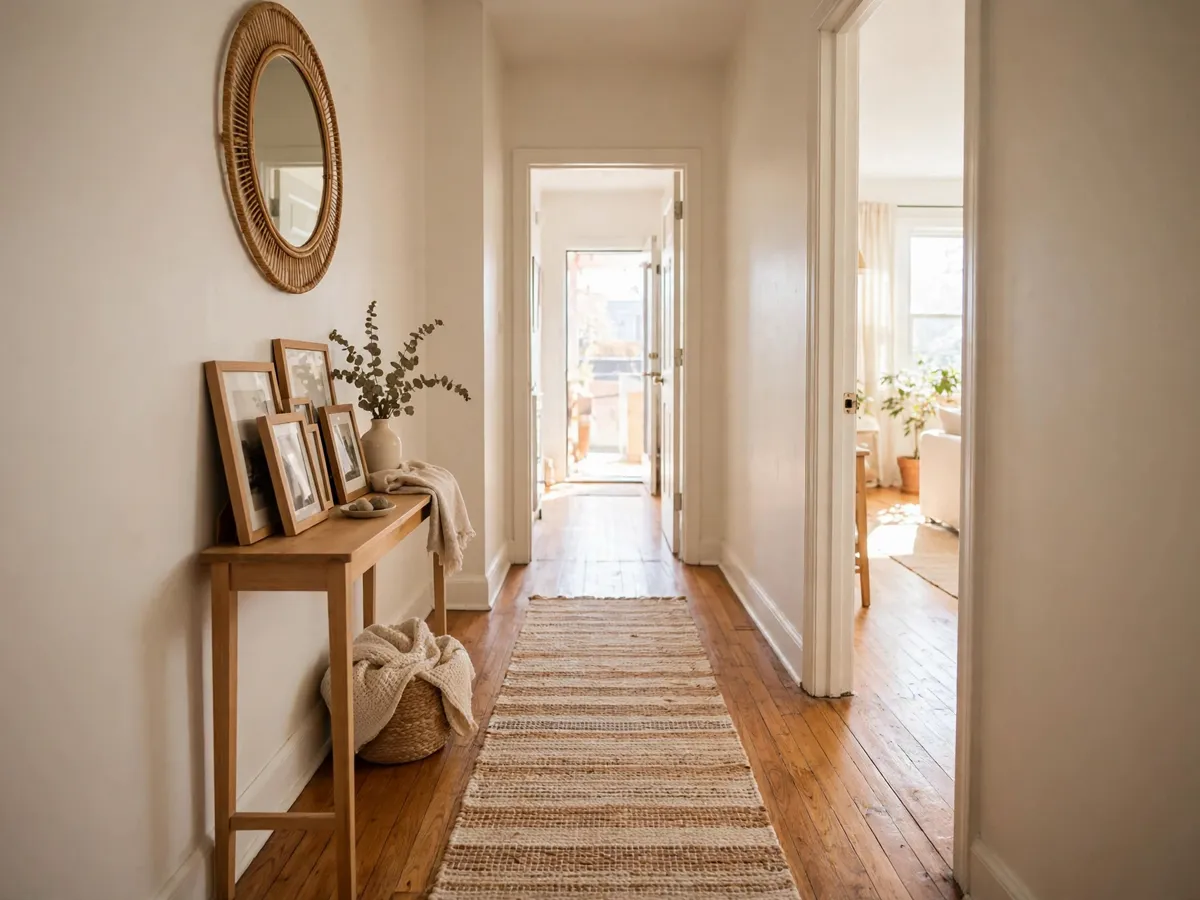 Narrow rental hallway with a runner rug, leaning frames on a slim console and a round mirror opposite a lit room