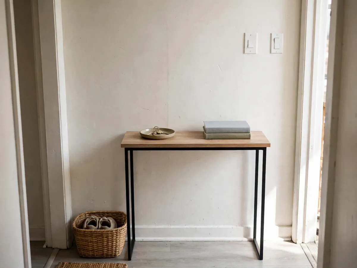 Slim 10-inch deep console table in a narrow hallway with a key tray, leaning frames and a wall hook for bags