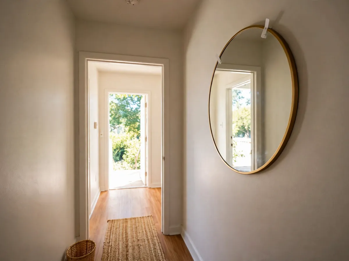 Round wall mirror in a dim hallway reflecting a bright lit room, hung opposite the light source