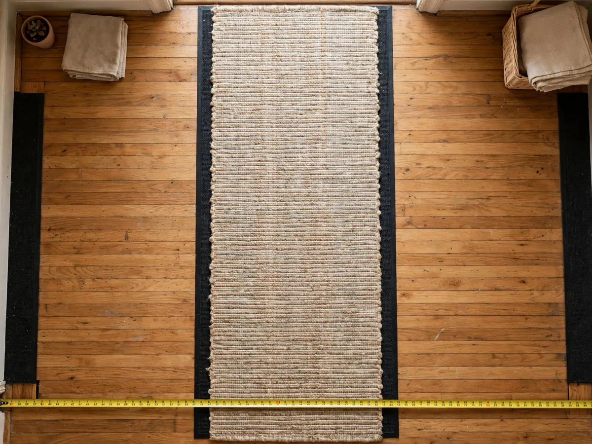 Low-pile hallway runner rug centered on a bare floor walkway with a trimmed non-slip pad underneath