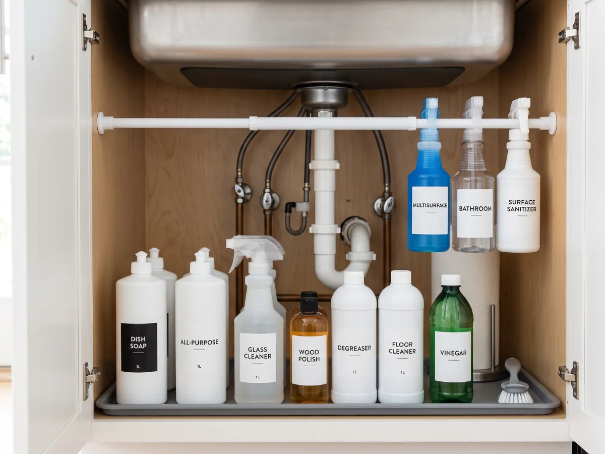 Kitchen under-sink cabinet with grouped bottles and tension rod