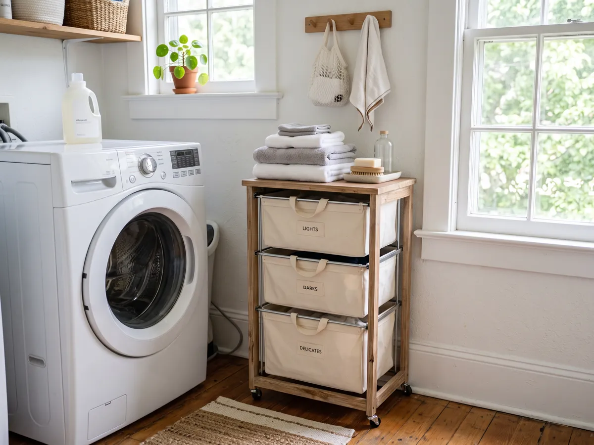 Stacked laundry sorting bins for lights, darks and delicates beside a washer