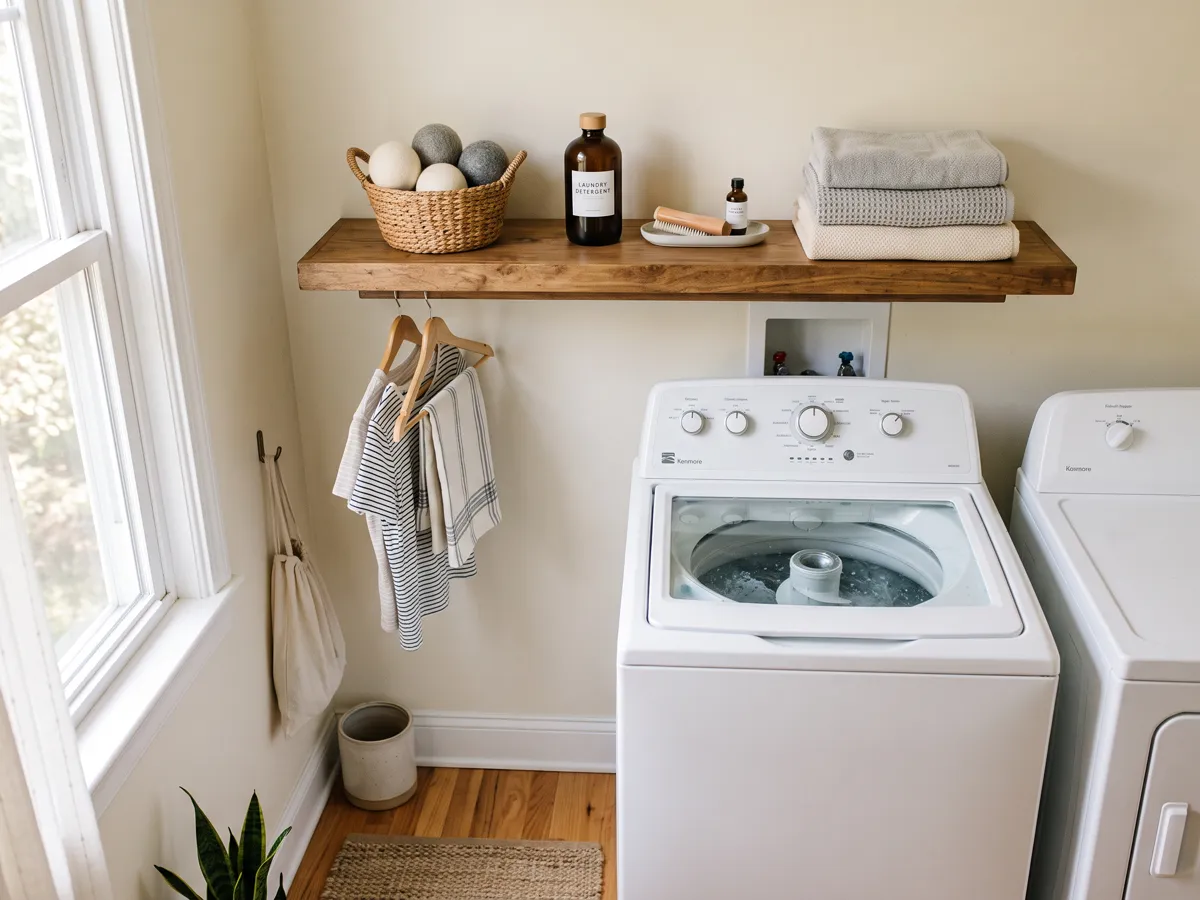 Wall shelf above washer with detergent bottles, tray and folded towels