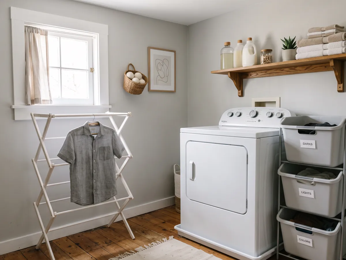 Tidy small laundry corner with stacked sorter bins, wall shelf and folding rack