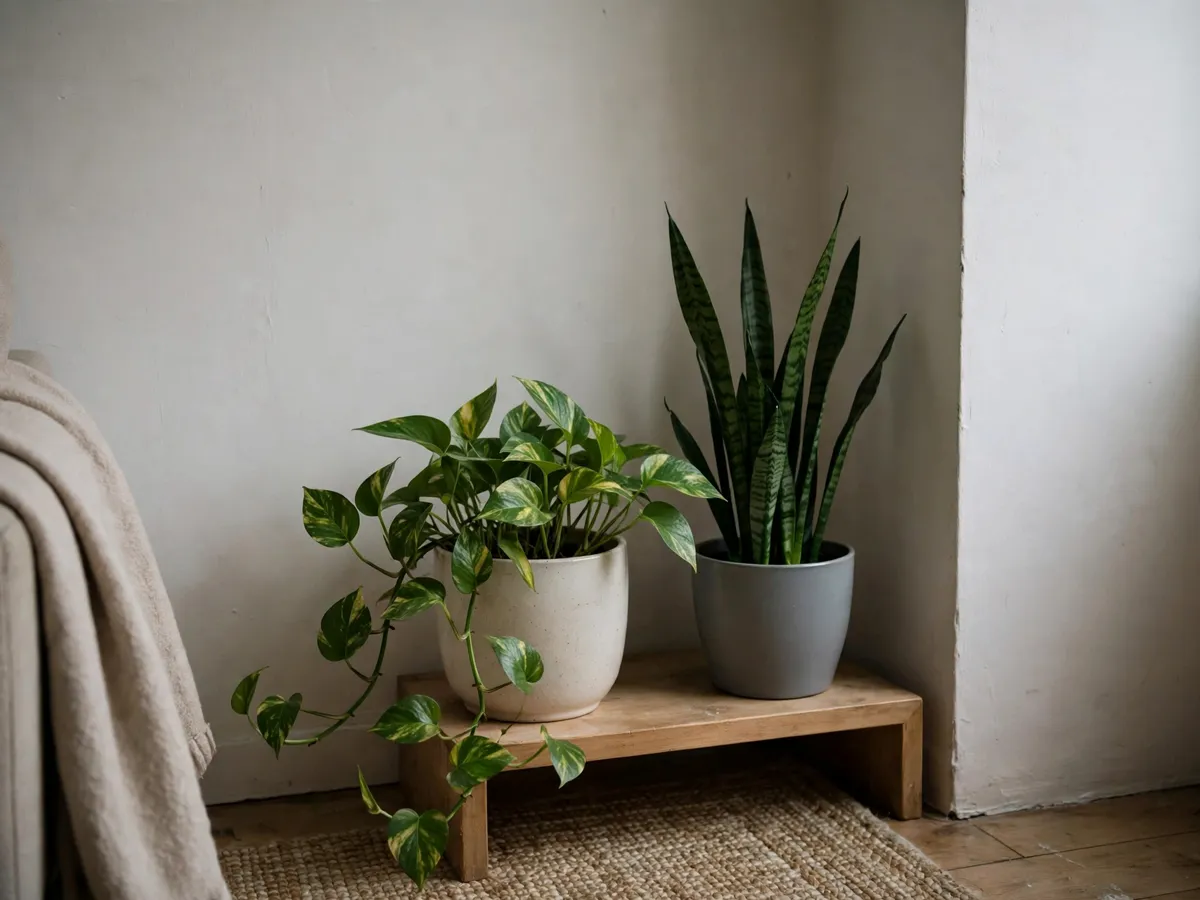 Pothos and snake plant in a dim living room corner with soft daylight from a window out of frame