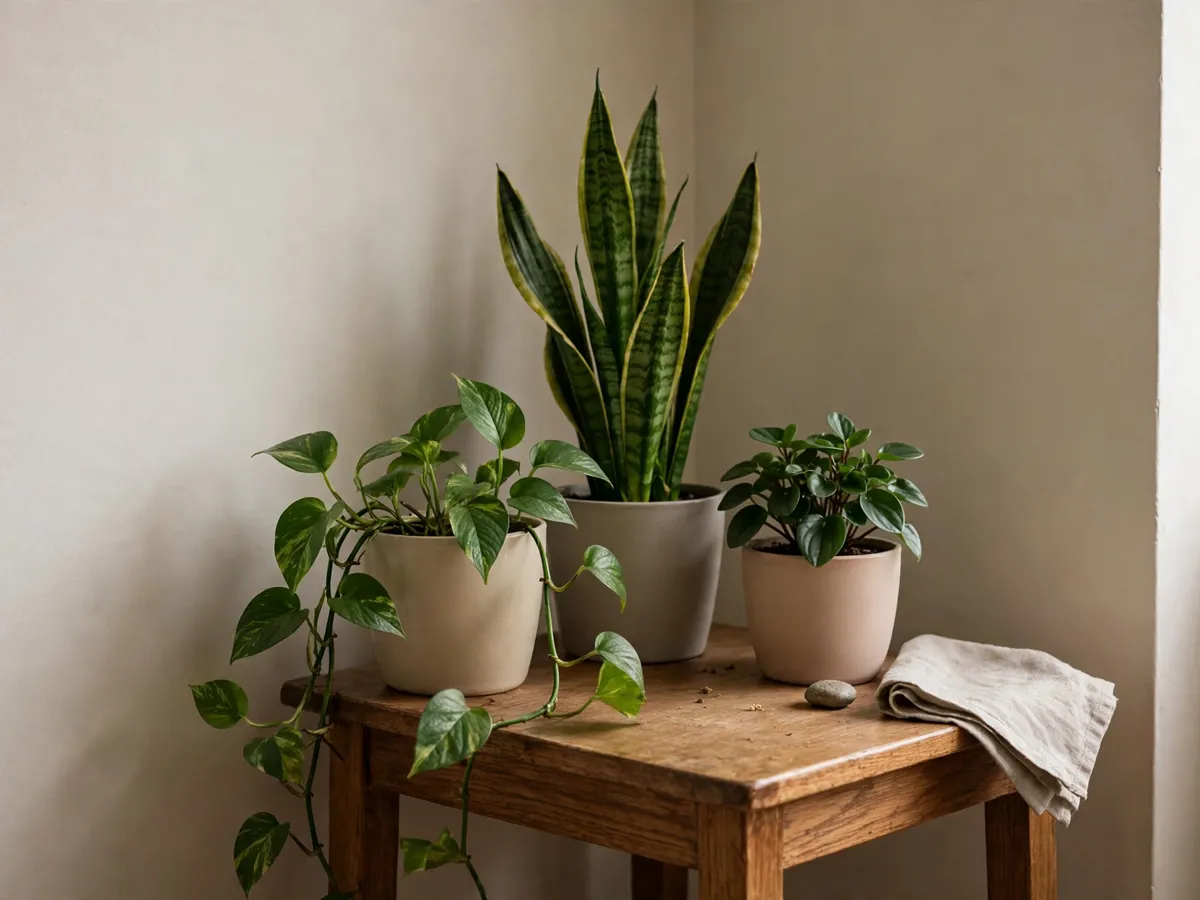 Group of common low-light houseplants including pothos, snake plant and ZZ plant in simple pots