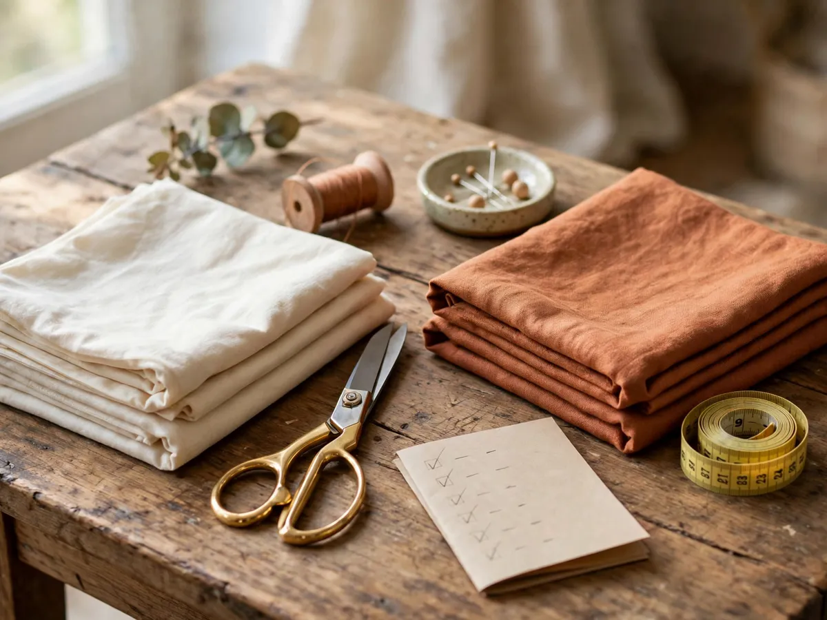 Folded cotton and linen fabric with fabric scissors, a tape measure and a written cut list on a table