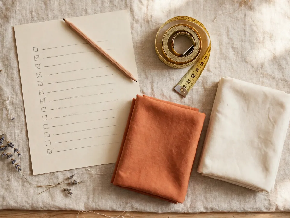 Fabric panels cut to size on a cutting mat with a ruler, chalk marks and fabric scissors