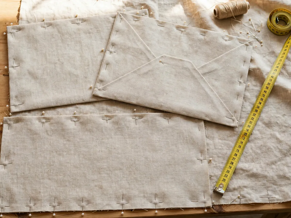 Back fabric panel folded up over a front panel to show the envelope overlap on a pillow cover