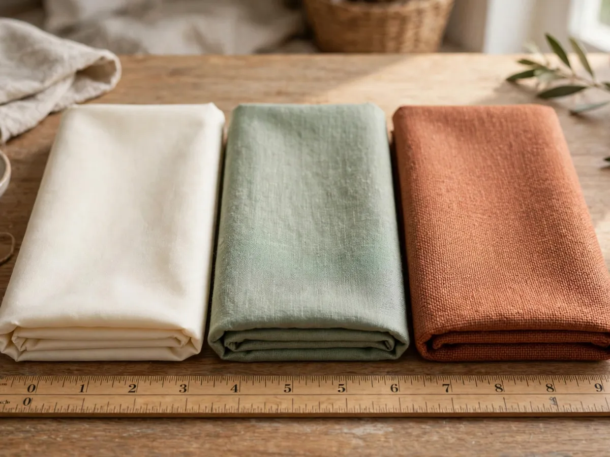 Stack of prewashed quilting cotton in neutral and terracotta tones next to a pillow insert