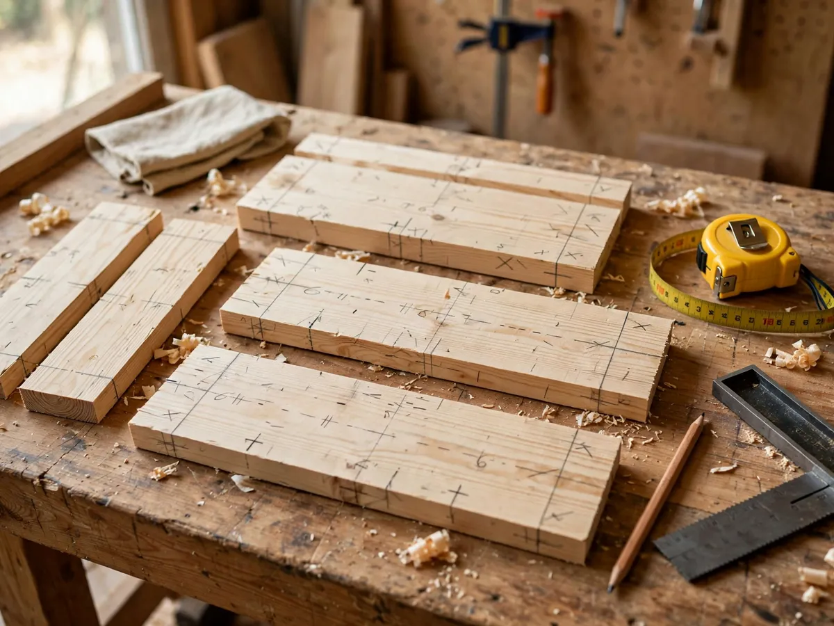 Cut pine boards for a small wooden crate laid out with a tape measure, square and pencil