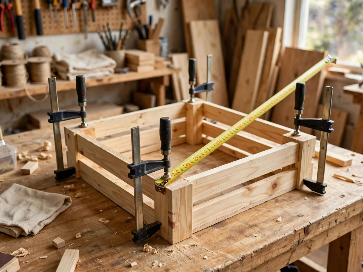 Crate corners clamped square during glue-up with a tape measure checking the diagonal