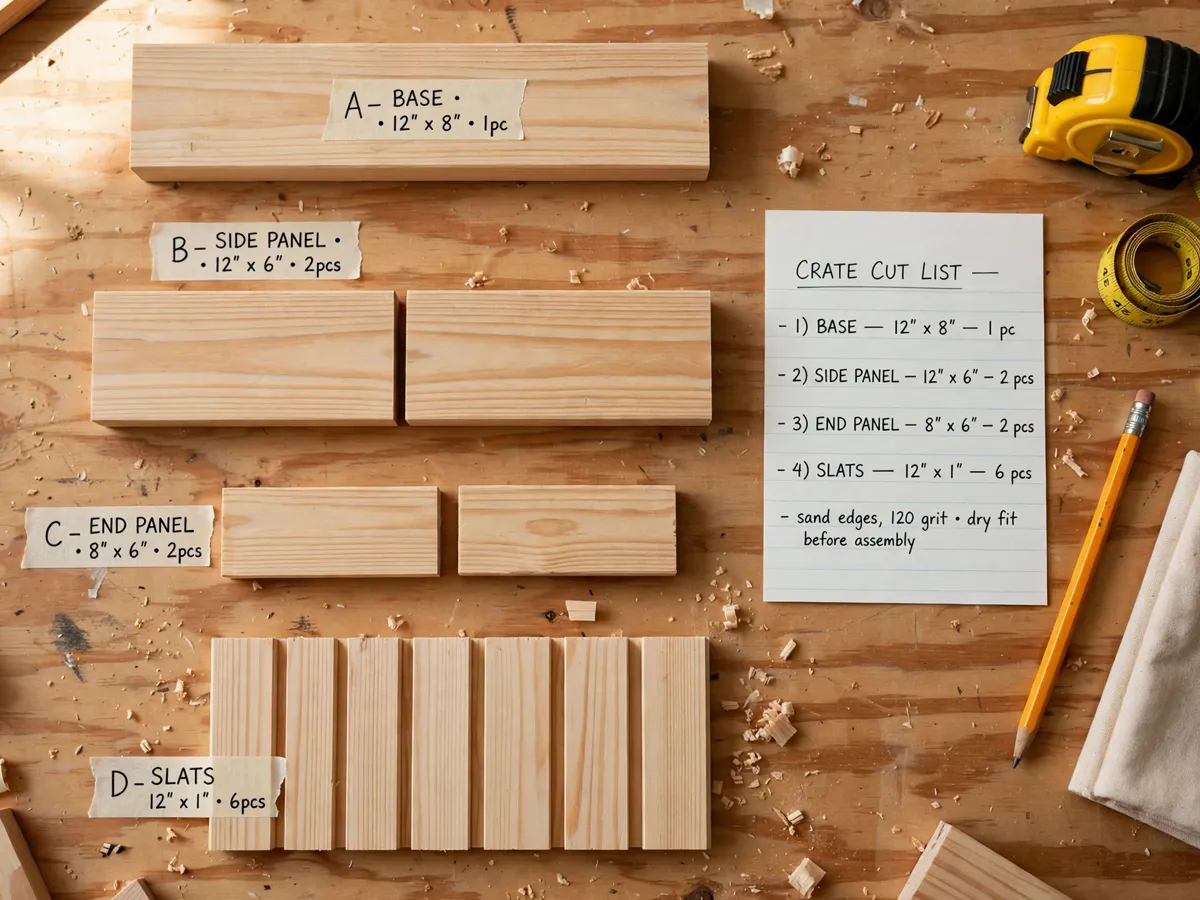 Labeled crate parts in cut order on a workbench next to an index card with the cut list