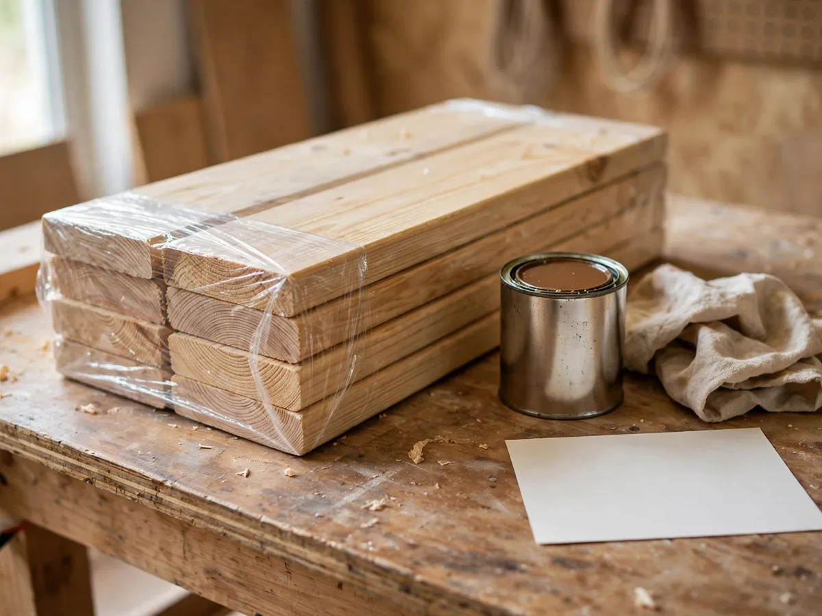 Sealed pine crate boards curing on a workbench with the finish written on the cut list card