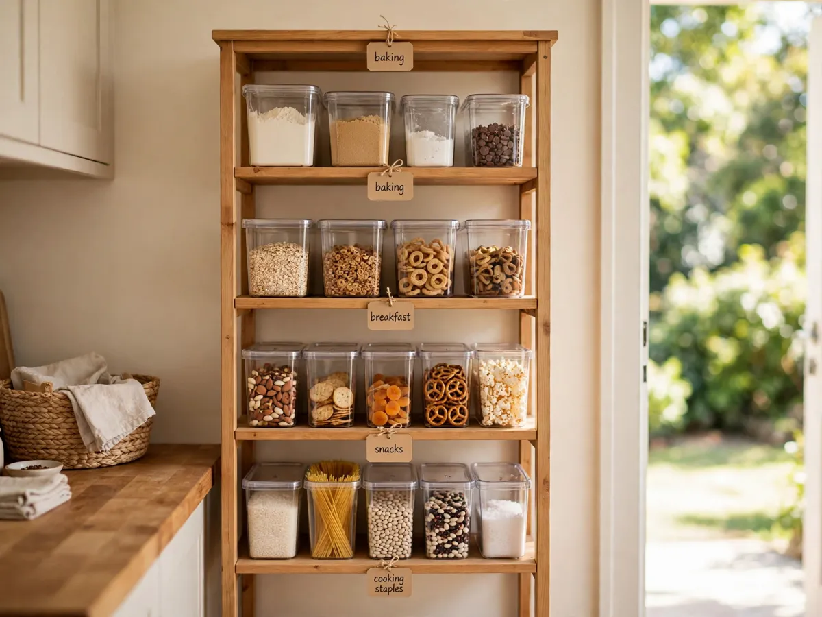 Small pantry shelf with labeled clear bins grouped by zone — baking, breakfast, snacks and cooking staples