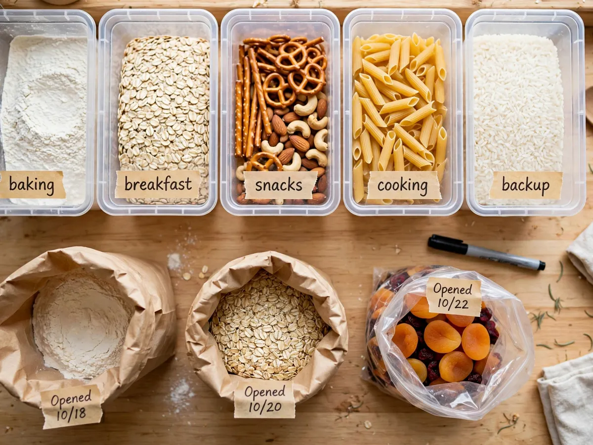 Clear pantry bins with one-word front labels — baking, breakfast, snacks, cooking, backup — and dated tape on open bags