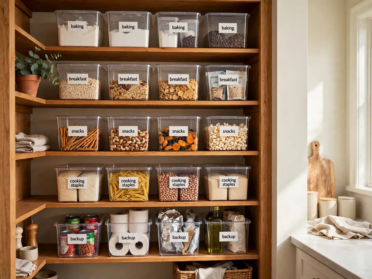 Pantry shelves divided into five zones with labeled clear bins for baking, breakfast, snacks, cooking staples and backup