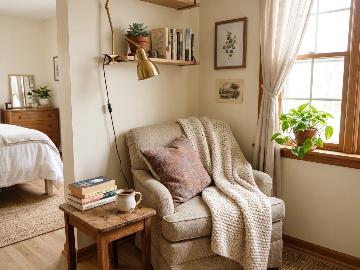 Cozy reading nook in a small bedroom corner with armchair, books and warm lamp