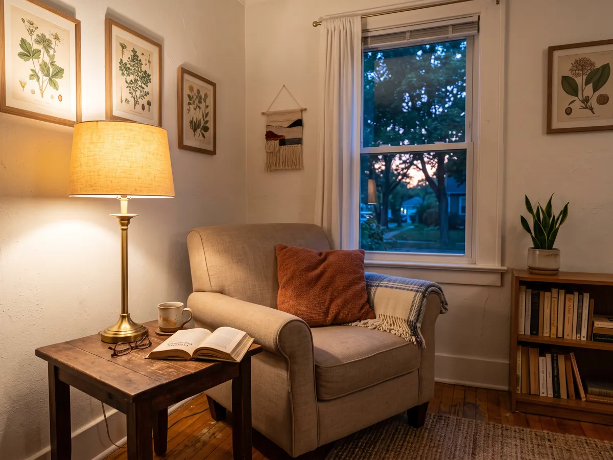 Reading nook at dusk with a warm lamp glowing beside the chair