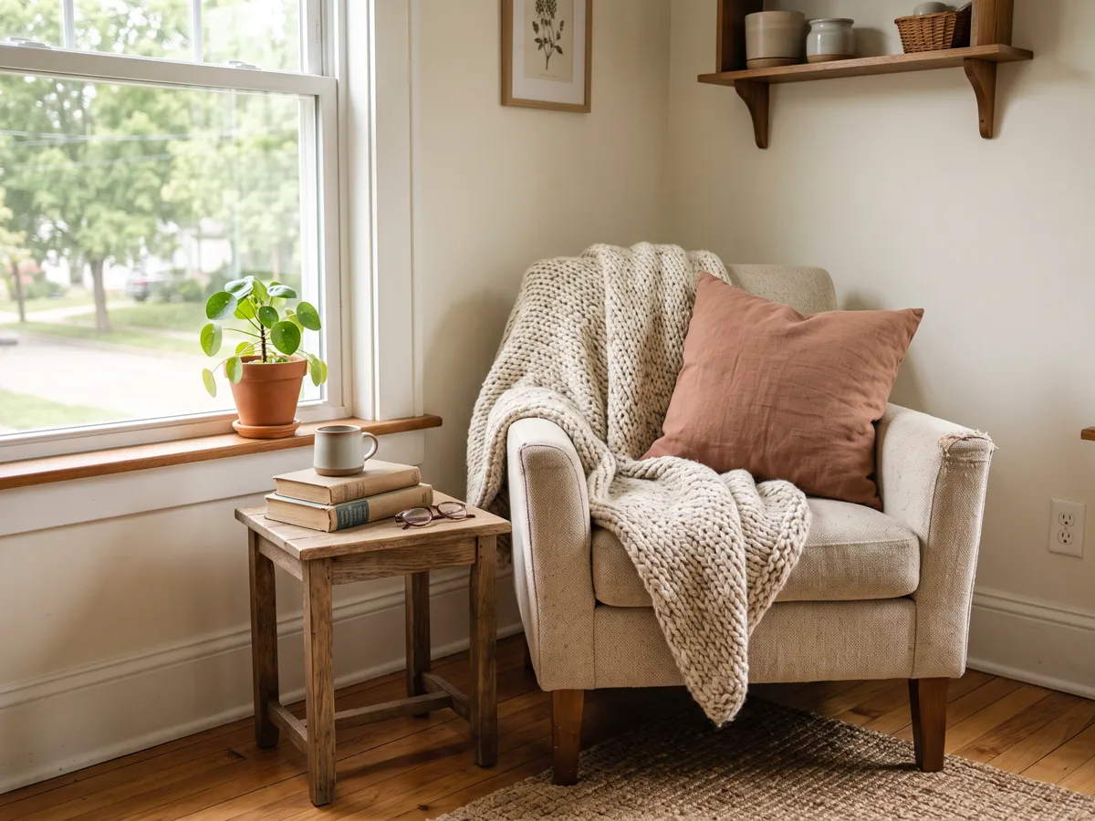 Close view of a reading chair with a knit throw, linen cushion and book stack