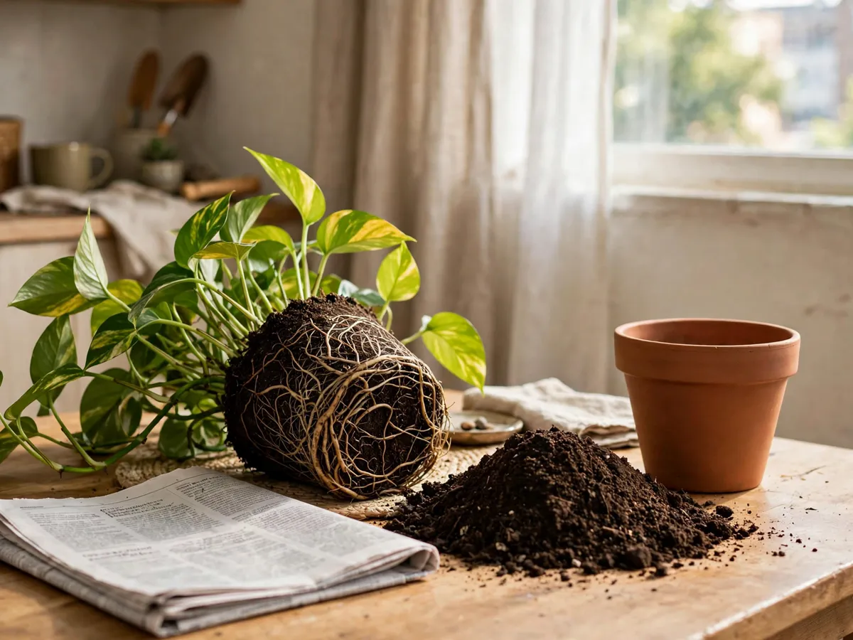 Hands lifting a rootbound houseplant out of a terracotta pot with fresh potting mix beside it