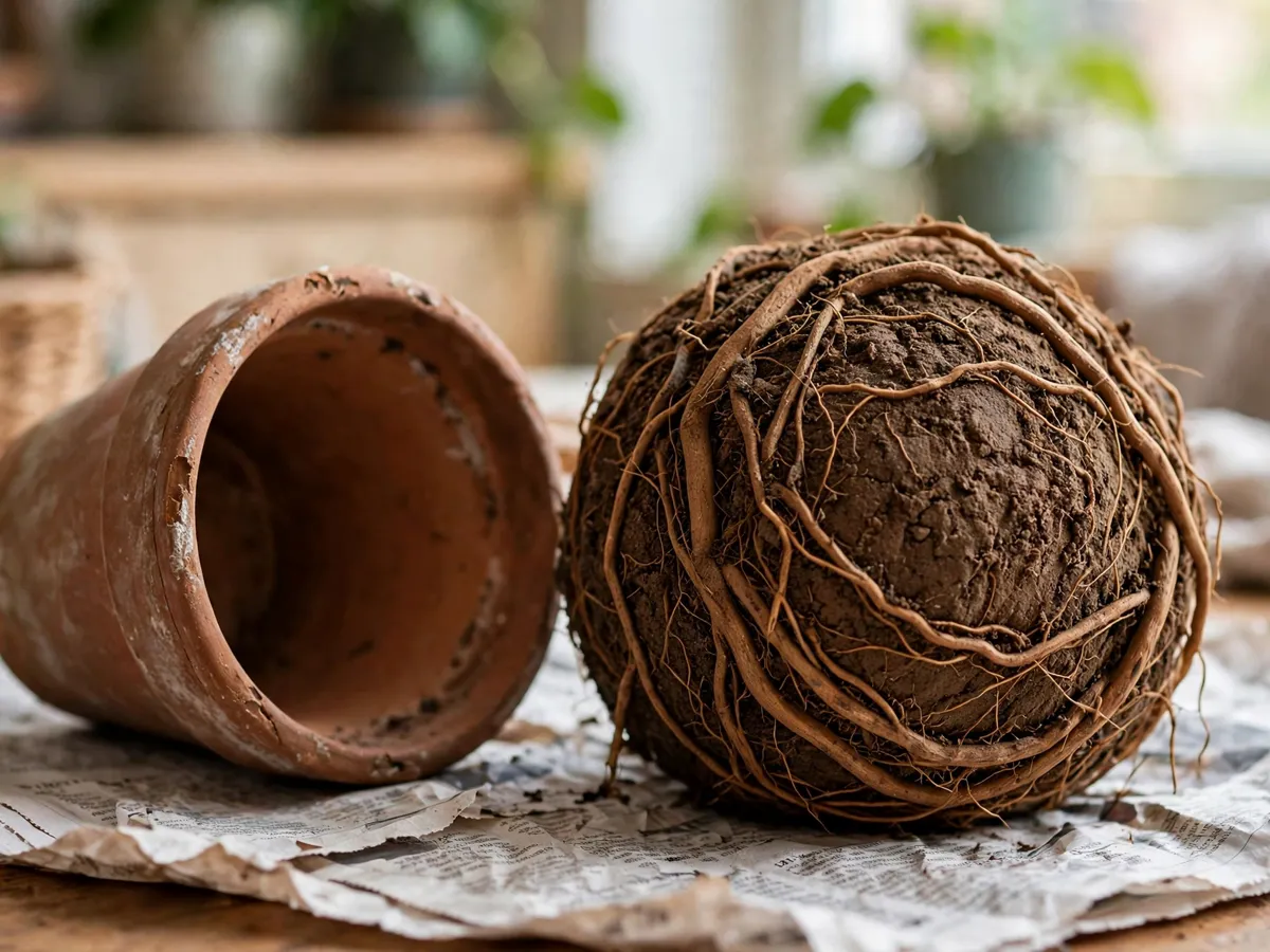 Root ball of a houseplant lifted from its pot with roots circling the outside of the soil